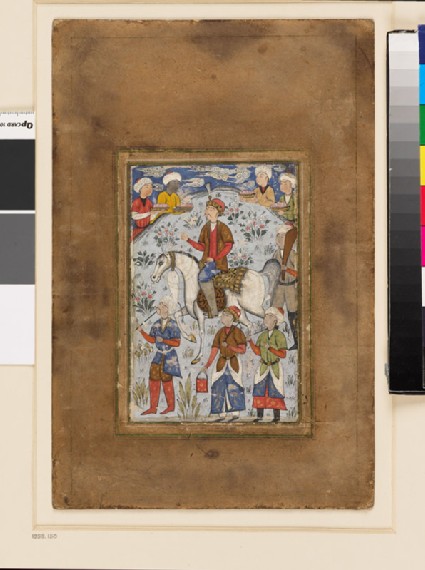 Page from a dispersed muraqqa‘, or album, depicting a prince on horseback surrounded by attendantsfront