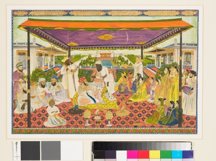 Court scene with panoramic palace and garden backgroundfront