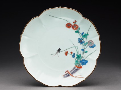 Lobed plate with chrysanthemums and a grasshoppertop
