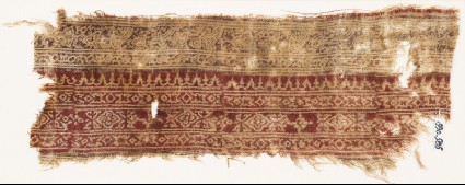 Textile fragment with bands of leaves, vine, quatrefoils, and diamond-shapesfront