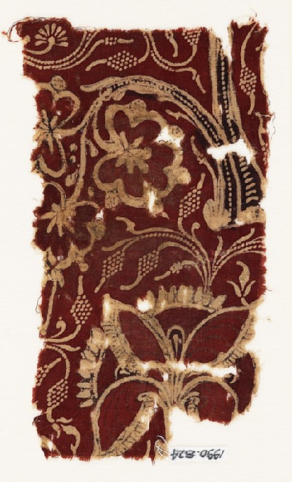 Textile fragment with flowering treesfront