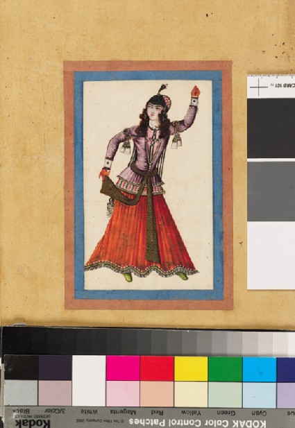 Page from a dispersed muraqqa‘, or album, depicting a dancing girl holding her scarffront
