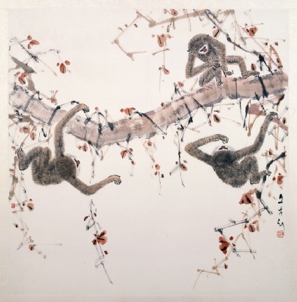 Three gibbons swinging on a tree branchfront