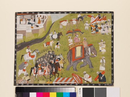 Procession of a Raja on elephant with armed escort and retainersfront