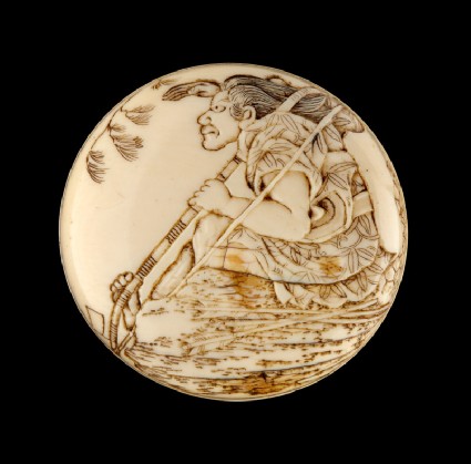 Manjū netsuke depicting Tametomo on Onigashima Island waiting for his Taira enemiesfront