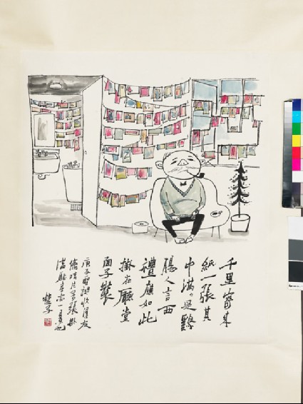 Man in his sitting room surrounded by Christmas cardsfront