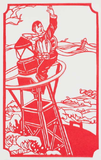 Woman on top of a lighthouse in a stormfront