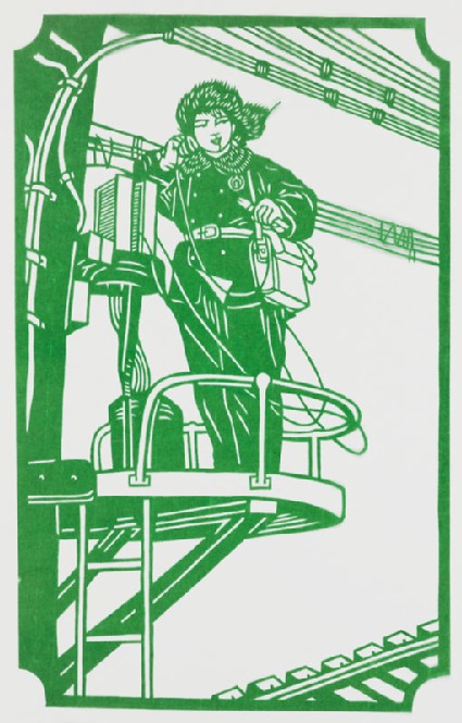 Woman up a pylon by a railway trackfront