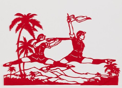 Two figures from the ballet Red Detachment of Women mid grande jetéfront