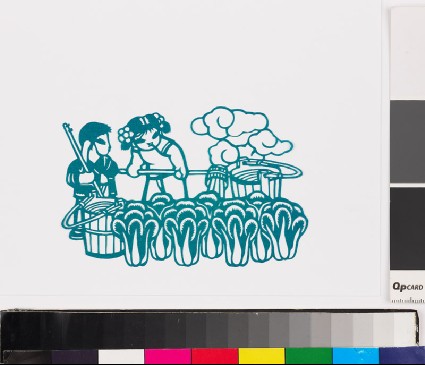 Two children watering white cabbagesfront