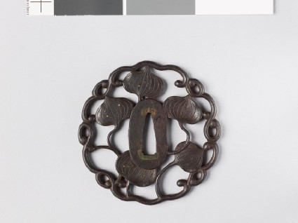 Tsuba with dewdrops on aoi, or hollyhock leavesfront