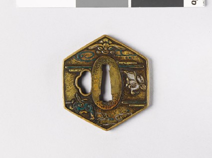 Hexagonal tsuba with hares, cloud, and waterfront