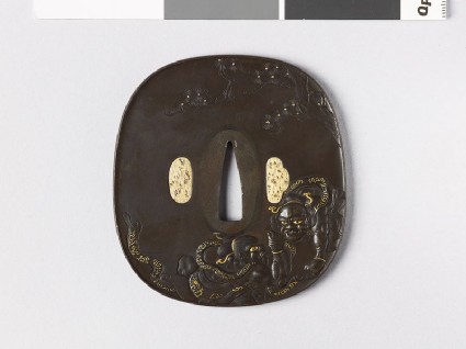 Aori-shaped tsuba depicting Ni-ō, the Two Guardian Gods, hand wrestlingfront
