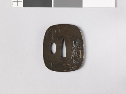 Aori-shaped tsuba depicting Ono Michikaze in a landscapefront