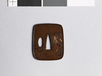 Aori-shaped tsuba depicting Shōki in a rain stormfront
