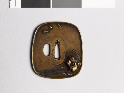Aori-shaped tsuba depicting a fisherman on a riverbankfront