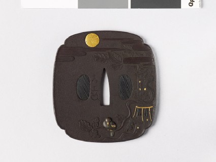 Mokkō-shaped tsuba depicting a dove sitting on a cryptomeria treefront