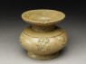 Greenware guan, or jar, with dish-shaped mouth and riding horses (oblique)